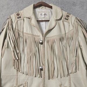 Vintage Cream Scully Leather Suede Fringe Jacket Native American Beaded Size 44